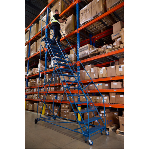 CSA-Certified Rolling Step Ladder with Locking Step, 16 Steps, 30" Step Width, 144" Platform Height, Steel Auto-Cam