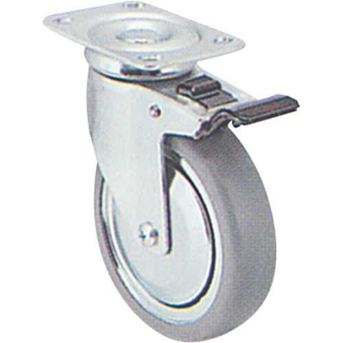 Zinc Plated Caster, Swivel with Brake, 5" (127 mm), Rubber, 240 lbs. (108 kg.) Auto-Cam