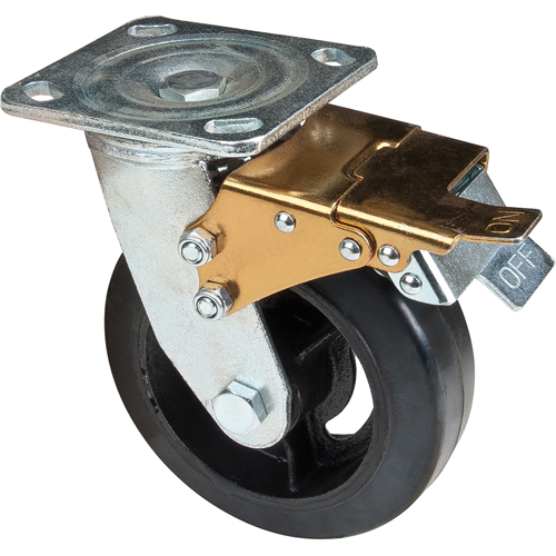 Mold-on Caster, Swivel with Brake, 6" (152.4 mm), Rubber, 550 lbs. (249 kg.) Auto-Cam