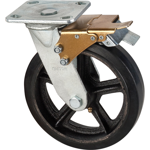 Mold-on Caster, Swivel with Brake, 8" (203.2 mm), Rubber, 660 lbs. (299 kg.) Auto-Cam