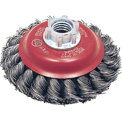 Brosse conique &agrave; fils torsad&eacute;s BK420T, Dia. 4", Fils 0,02", Arbre 5/8"-11, Acier Auto-Cam