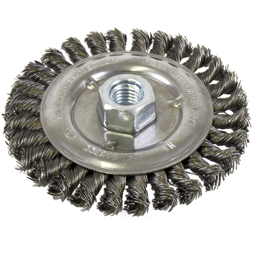 Brosse filet&eacute;e &agrave; fils nou&eacute;s et face standard, Dia. 5", Fils 0,022", Arbre 5/8"-11, Acier Auto-Cam