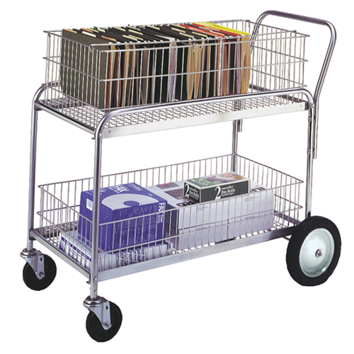 Wire Mesh Office Mail Cart, 250 lbs. Capacity, Chrome, 23-3/4" D x 43" L x 38-1/2" H, Chrome Plated Auto-Cam