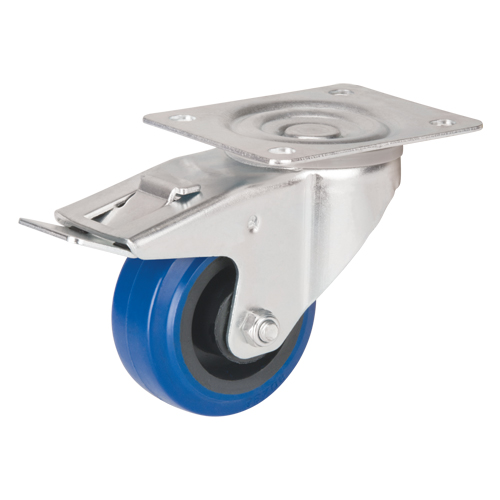 Blue Caster, Swivel with Brake, 3" (76 mm), Rubber, 285 lbs. (129 kg.) Auto-Cam