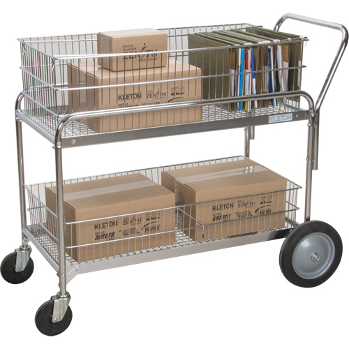Wire Mesh Office Mail Cart, 250 lbs. Capacity, Chrome, 23" D x 42" L x 38" H, Chrome Plated Auto-Cam
