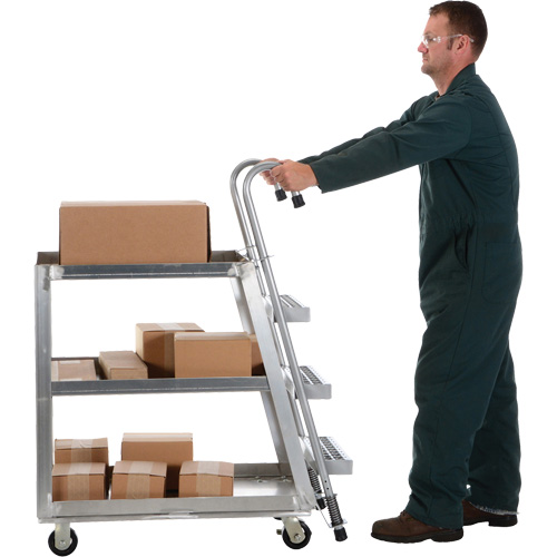 Stockpicker Truck, Aluminum, 21-7/8" W x 40" D, 3 Shelves, 660 lbs. Capacity Auto-Cam
