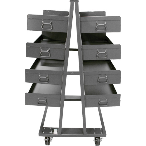 Double-Sided Heavy Duty A-Frame Cart with 8 Large Lipped Trays, 38" x 30" x 63", 2500 lbs. Capacity Auto-Cam