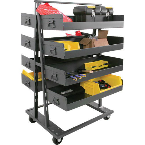 Double-Sided Heavy Duty A-Frame Cart with 8 Large Lipped Trays, 38" x 30" x 63", 2500 lbs. Capacity Auto-Cam