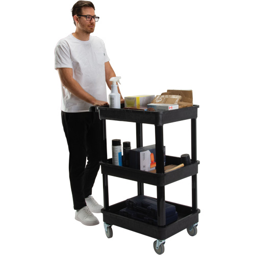 Utility Cart with Deep Lip Shelf, 3 Tiers, 19" x 39-1/2" x 28-1/4", 330 lbs. Capacity Auto-Cam