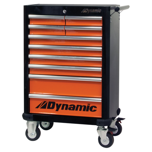 Roller Tool Cabinet, 10 Drawers, 28" W x 18" D x 43-1/4" H, Black/Orange Auto-Cam