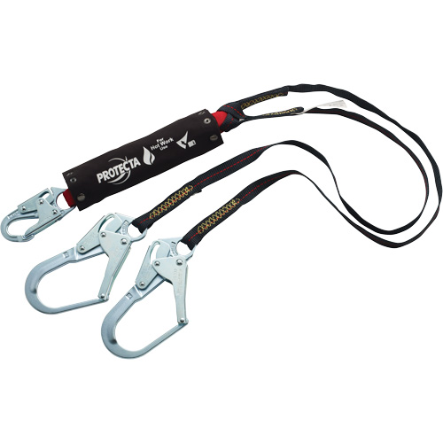 PRO Shock-Absorbing Lanyard, 6', Rebar Hook Center, Snap Hook Leg Ends, Kevlar&reg; Auto-Cam