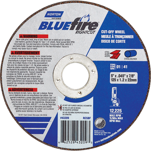 Meule a tronconner BlueFire, 4-1/2" x 0,045"/1/16", Arbre de 7/8", Type 01/41, Oxyde d'aluminium/Zirconium, 13580 Tr/min Auto-Cam