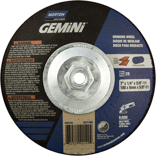 Gemini&reg; Saucer Wheel, 7" x 1/4", 5/8"-11 Arbor, Aluminum Oxide, Type 28 Auto-Cam