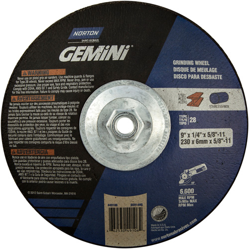 Gemini&reg; Saucer Wheel, 9" x 1/4", 5/8"-11 Arbor, Aluminum Oxide, Type 28 Auto-Cam