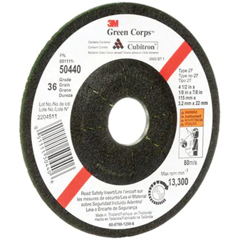 Green Corps Flexible Grinding Wheel, 4-1/2" x 1/8", 7/8" Arbor, Ceramic, Type 27 Auto-Cam