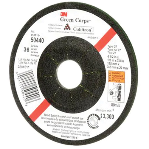Green Corps Flexible Grinding Wheel, 4-1/2" x 1/8", 7/8" Arbor, Ceramic, Type 27 Auto-Cam