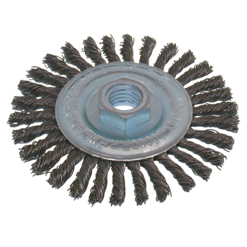 Brosses &eacute;conomiques &agrave; fil nou&eacute;s &agrave; haute vitesse pour cordons de soudure, Dia. 6", Fils 0,02", Arbre 5/8"-11, Acier inoxydable Auto-Cam