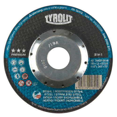 Premium 2 In 1 Thincut Cut-Off Wheel, 4-1/2" x 0.045", 7/8" Arbor, Type 27, Aluminum Oxide, 13300 RPM Auto-Cam