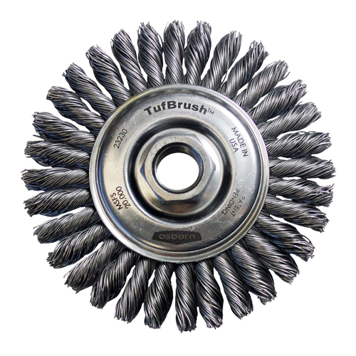 Brosse &agrave; fils nou&eacute;s TufBrush, Dia. 4", Fils 0,02", Arbre 5/8"-11, Acier Auto-Cam