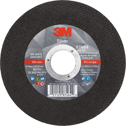 Silver Cut-Off Wheel, 4-1/2" x 0.04", 7/8" Arbor, Type 1, Ceramic, 13300 RPM Auto-Cam