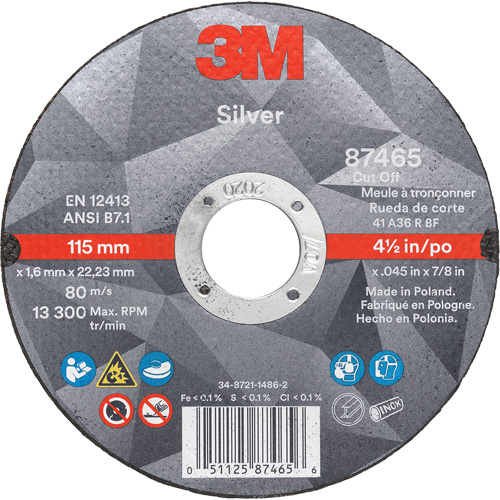 Silver Cut-Off Wheel, 4-1/2" x 0.045", 7/8" Arbor, Type 1, Ceramic, 13300 RPM Auto-Cam