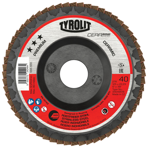 Cerabond Flap Disc, 5" x 7/8", Type 27, 40 Grit, Ceramic Auto-Cam