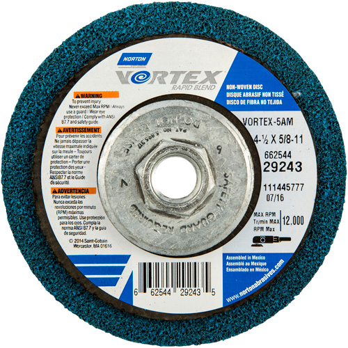 Meule abrasive non tiss&eacute;e &agrave; moyeu d&eacute;port&eacute; Vortez Rapid Blend, 4-1/2" dia., Grain 100-120, Oxyde d'aluminium Auto-Cam