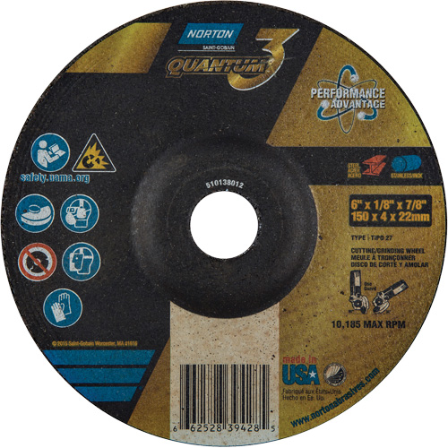 Disque de rectification et de tronçonnage Quantum3, 6" x 1/8", Arbre de 7/8", Type 27, Grain de 24, C&eacute;ramique d'alumine Auto-Cam