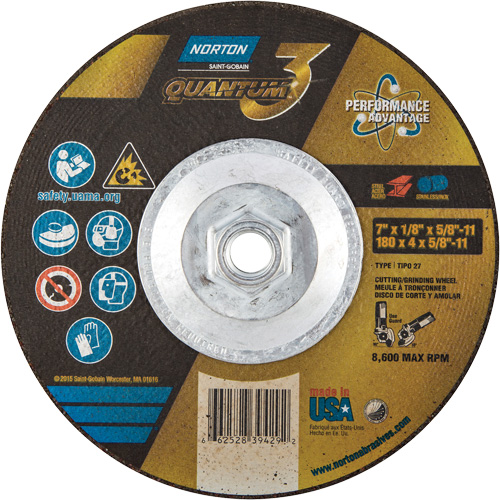Quantum3 Grinding & Cutting Wheel, 7" x 1/8", 5/8"-11 Arbor, Type 27, 24 Grit, Ceramic Alumina Auto-Cam