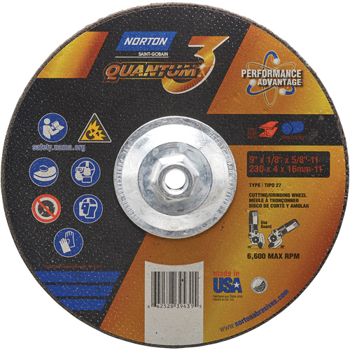 Disque de rectification et de tronçonnage Quantum3, 9" x 1/8", Arbre de 5/8"-11, Type 27, Grain de 24, C&eacute;ramique d'alumine Auto-Cam