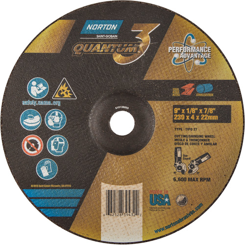 Quantum3 Grinding & Cutting Wheel, 9" x 1/8", 7/8" Arbor, Type 27, 24 Grit, Ceramic Alumina Auto-Cam