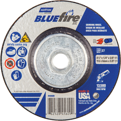 BlueFire&reg; XXL Grinding Wheel, 4-1/2" x 1/4", 5/8" Arbor, Ceramic Alumina, Type 27 Auto-Cam