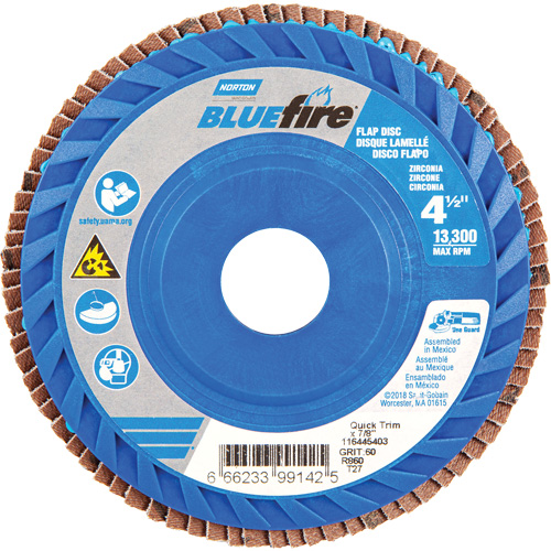 BlueFire&reg; Medium Grade Flap Disc, 4-1/2" x 7/8", Type 27, 60 Grit, Zirconia Alumina Auto-Cam