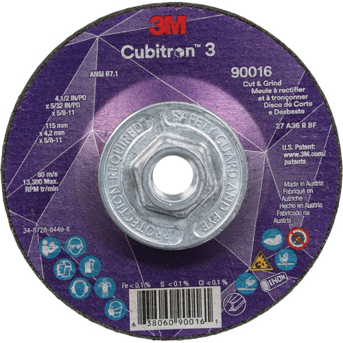 Cubitron 3 Cut & Grind Wheel, 4-1/2" x 5/32", 5/8"-11 Arbor, Type T27, 36+ Grit, Ceramic Auto-Cam