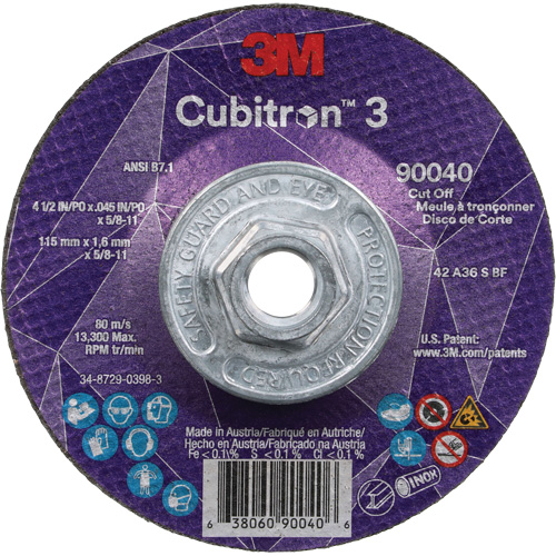 Cubitron 3 Cut-Off Wheel, 4-1/2" x 0.045", 5/8"-11 Arbor, Type T27, Ceramic, 13300 RPM Auto-Cam