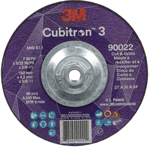 Cubitron 3 Cut and Grind Wheel, 7" x 5/32", 5/8"-11 Arbor, Type 27, 36 Grit, Ceramic Auto-Cam