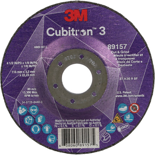 Cubitron 3 Cut and Grind Wheel, 4-1/2" x 1/8", 7/8" Arbor, Type 27, 36 Grit, Ceramic Auto-Cam