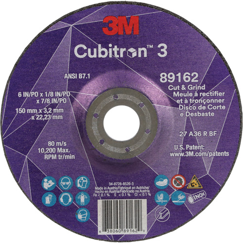 Cubitron 3 Cut and Grind Wheel, 6" x 1/8", 7/8" Arbor, Type 27, 36 Grit, Ceramic Auto-Cam