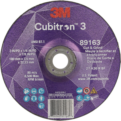 Cubitron 3 Cut and Grind Wheel, 7" x 1/8", 7/8" Arbor, Type 27, 36 Grit, Ceramic Auto-Cam