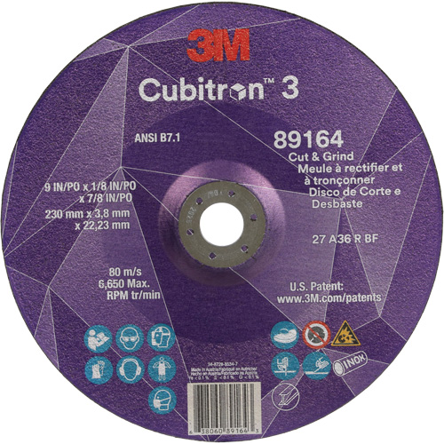 Cubitron 3 Cut and Grind Wheel, 9" x 1/8", 7/8" Arbor, Type 27, 36 Grit, Ceramic Auto-Cam