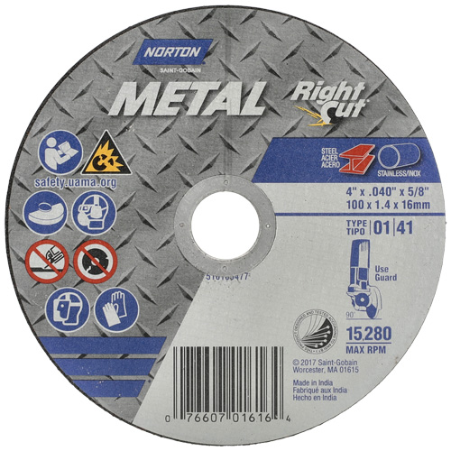 Metal RightCut Right Angle Cut-Off Wheel, 4-1/2" x 0.04", 7/8" Arbor, Type 01/41, Aluminum Oxide, 13580 RPM Auto-Cam
