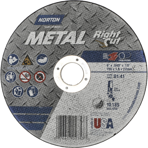 Metal RightCut Right Angle Cut-Off Wheel, 6" x 0.04", 7/8" Arbor, Type 01/41, Aluminum Oxide, 10185 RPM Auto-Cam