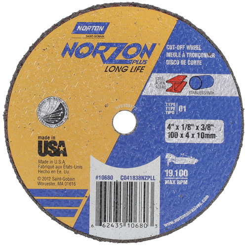 NorZon Plus SGZ CA Small Diameter Cut-Off Wheel, 4" x 1/8", 3/8" Arbor, Type 01/41, Ceramic Alumina, 19100 RPM Auto-Cam