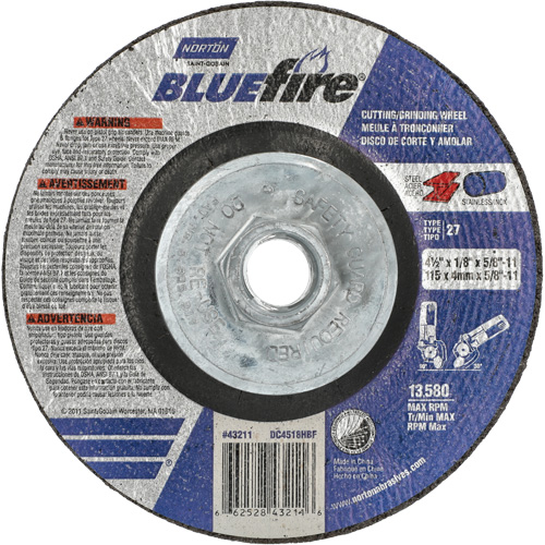 Disque de meulage et tronçonnage BlueFire, 4-1/2" x 1/8", Arbre de 5/8"-11, Type 27, Alumine de zirconium Auto-Cam