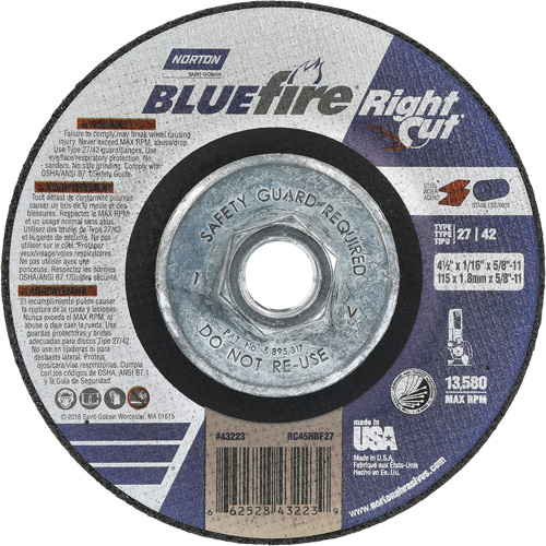 Meule &agrave; tronçonner pour coupe &agrave; angle droit RightCut BlueFire, 4-1/2" x 1/16", Arbre de 5/8"-11, Type 27/42, Oxyde d'aluminium, 13580 Tr/min Auto-Cam