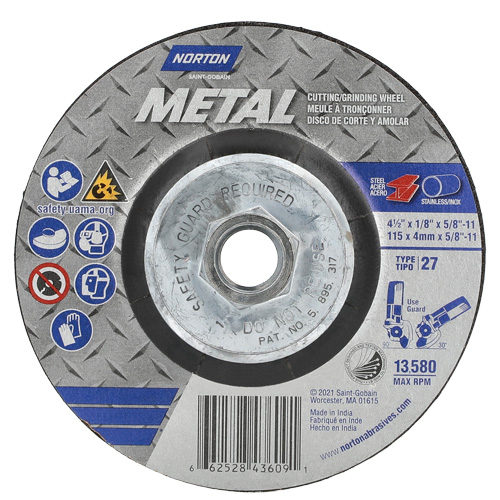 Metal Grinding & Cutting Wheel, 4-1/2" x 1/8", 5/8"-11 Arbor, Type 27, Aluminum Oxide Auto-Cam
