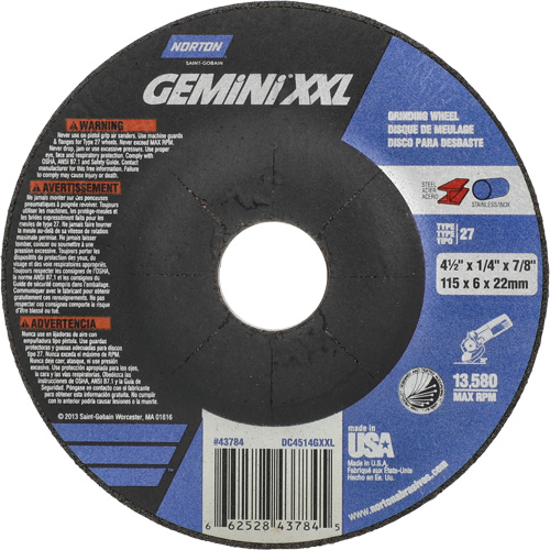 Gemini XXL Grinding Wheel, 4-1/2" x 1/4", 7/8" Arbor, Aluminum Oxide, Type 27 Auto-Cam