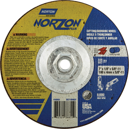 NorZon Plus SGZ  Grinding & Cutting Wheel, 7" x 1/8", 5/8"-11 Arbor, Type 27, Ceramic Alumina Auto-Cam