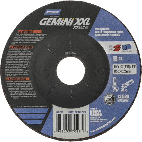 Gemini XXL Grinding & Cutting Wheel, 4-1/2" x 1/8", 7/8" Arbor, Type 27, Aluminum Oxide Auto-Cam