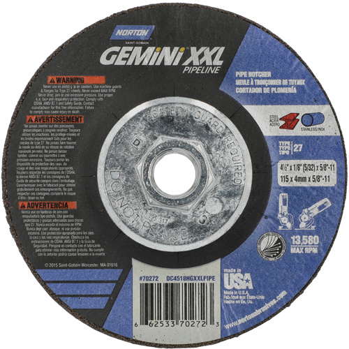 Gemini XXL Grinding & Cutting Wheel, 4-1/2" x 1/8", 5/8"-11 Arbor, Type 27, Aluminum Oxide Auto-Cam